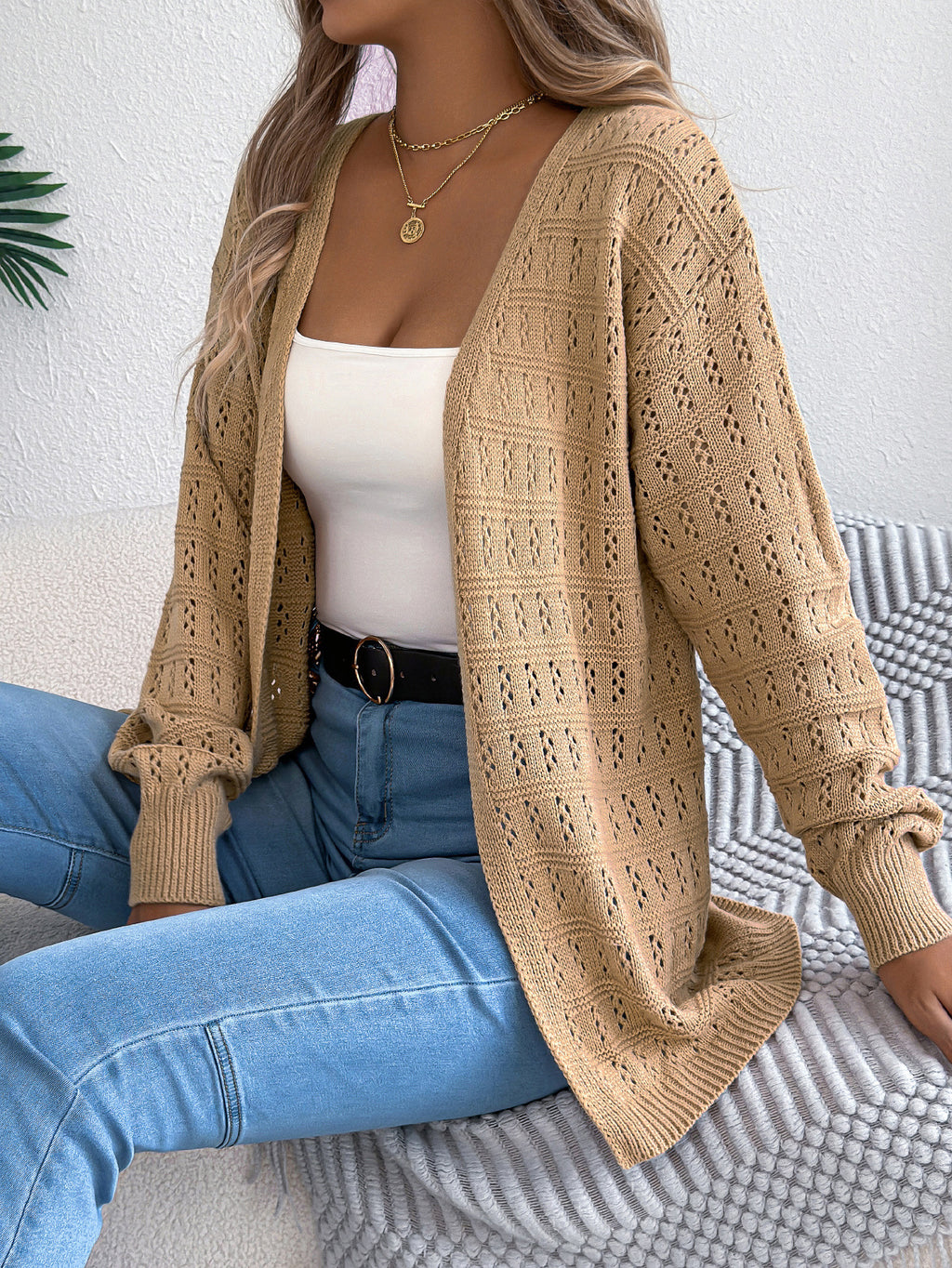 Europe, America, autumn and winter solid color hollow lantern long-sleeved cardigan sweater medium and long coat, independent station  women's clothing
