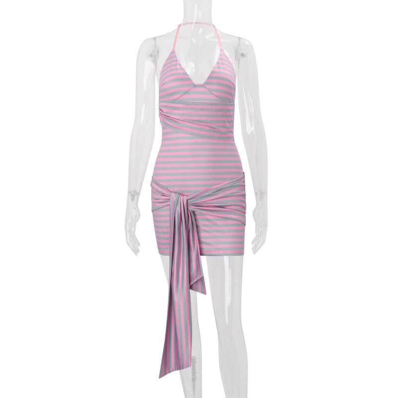 european and american women's clothing  summer new arrivals: ins style spicy girl halter v-neck striped tie-up bodycon mini dress