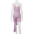 european and american women's clothing  summer new arrivals: ins style spicy girl halter v-neck striped tie-up bodycon mini dress