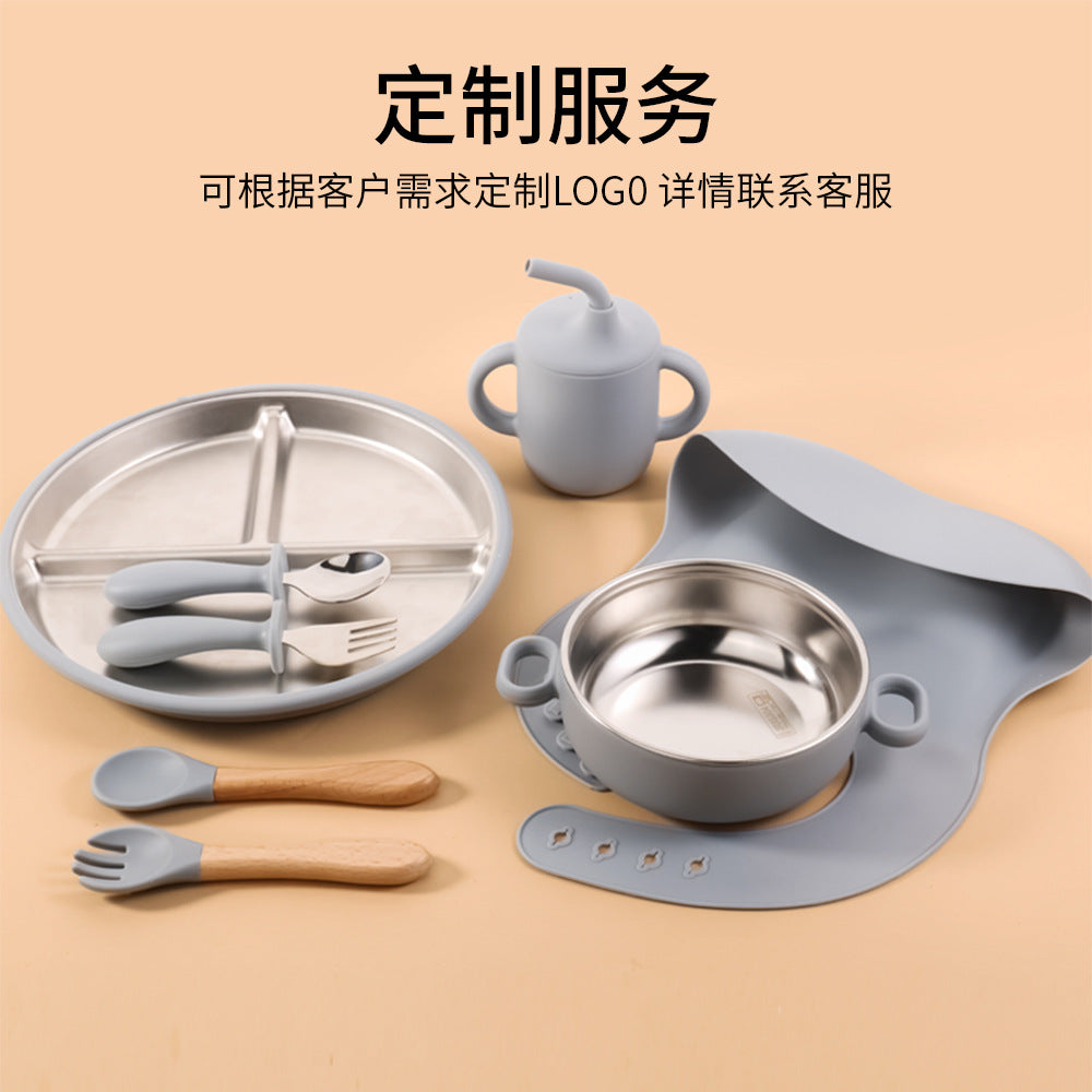 Children's silicone stainless steel 304 binaural bowl manufacturer's new baby silicone feeding tableware set complementary food bowl