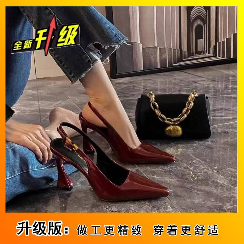 Patent leather fashion stiletto pointed-toe high heels - 2025 spring new arrival - bestselling burgundy thong sandals for women