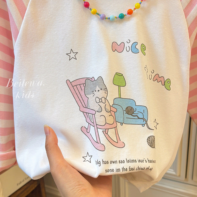 New spring/autumn girls' pink cartoon kitten striped base layer sweatshirt, casual cute long-sleeve t-shirt for baby girls, children's clothing