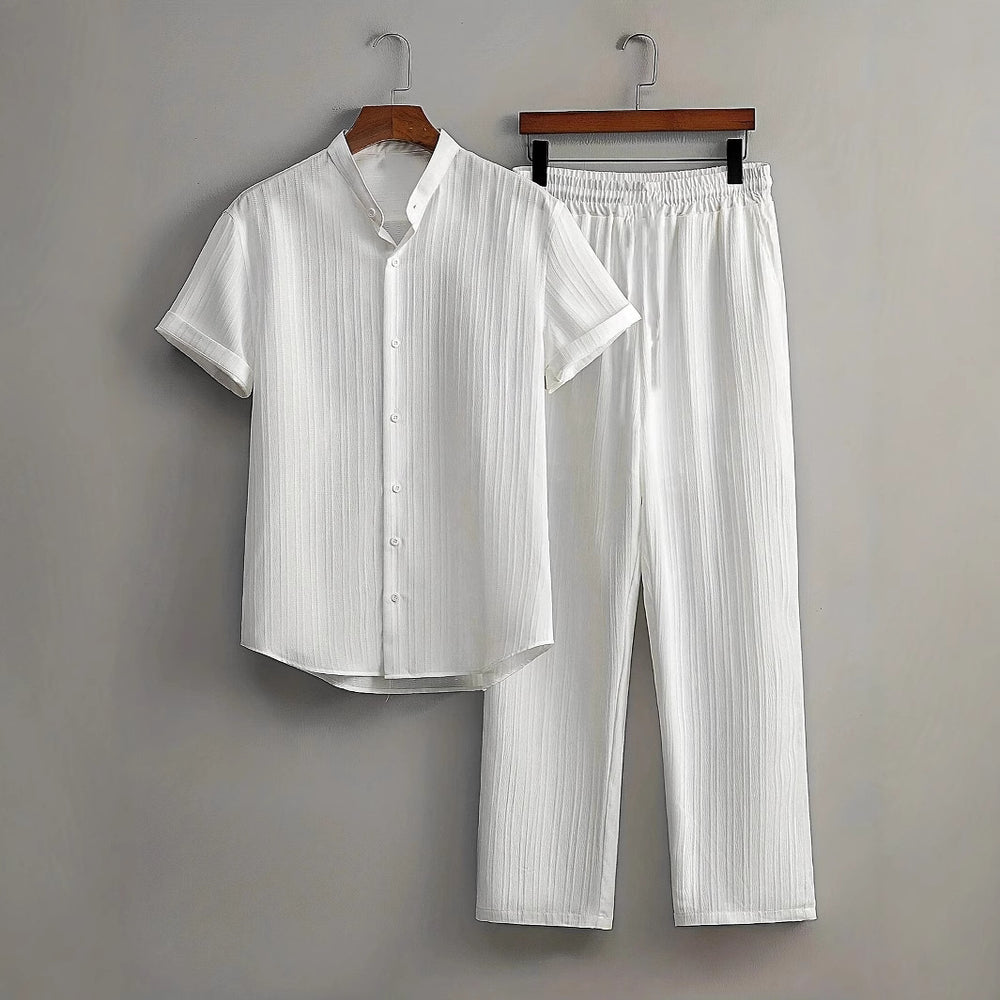 fashionmensuitcasualpure color short-sleeved shirt multi-color beach slub wrinkled short-sleeved pants two-piece set