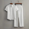 fashionmensuitcasualpure color short-sleeved shirt multi-color beach slub wrinkled short-sleeved pants two-piece set