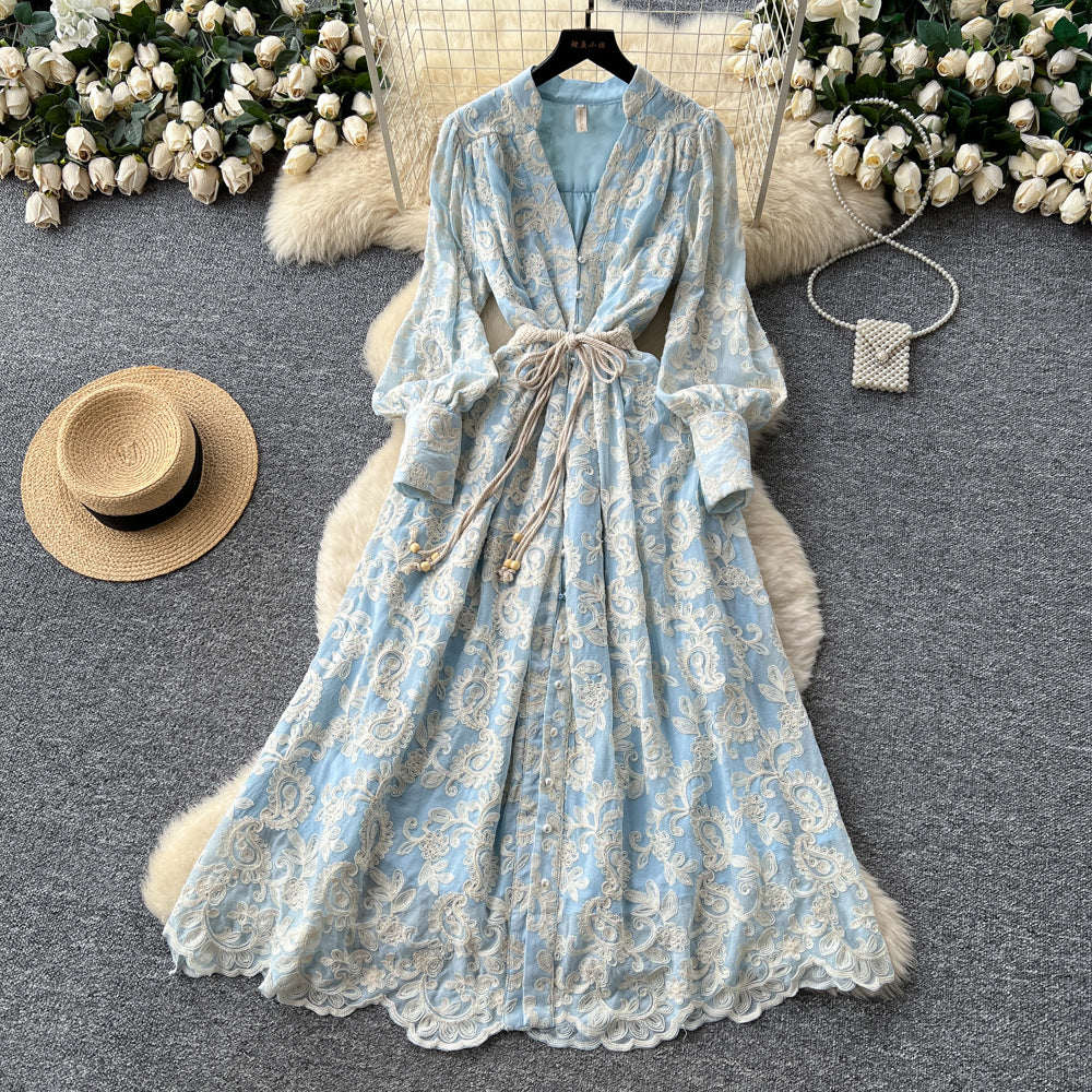 French chic elegant women's dress -  autumn fashion tie-waist v-neck long dress with intricate embroidery