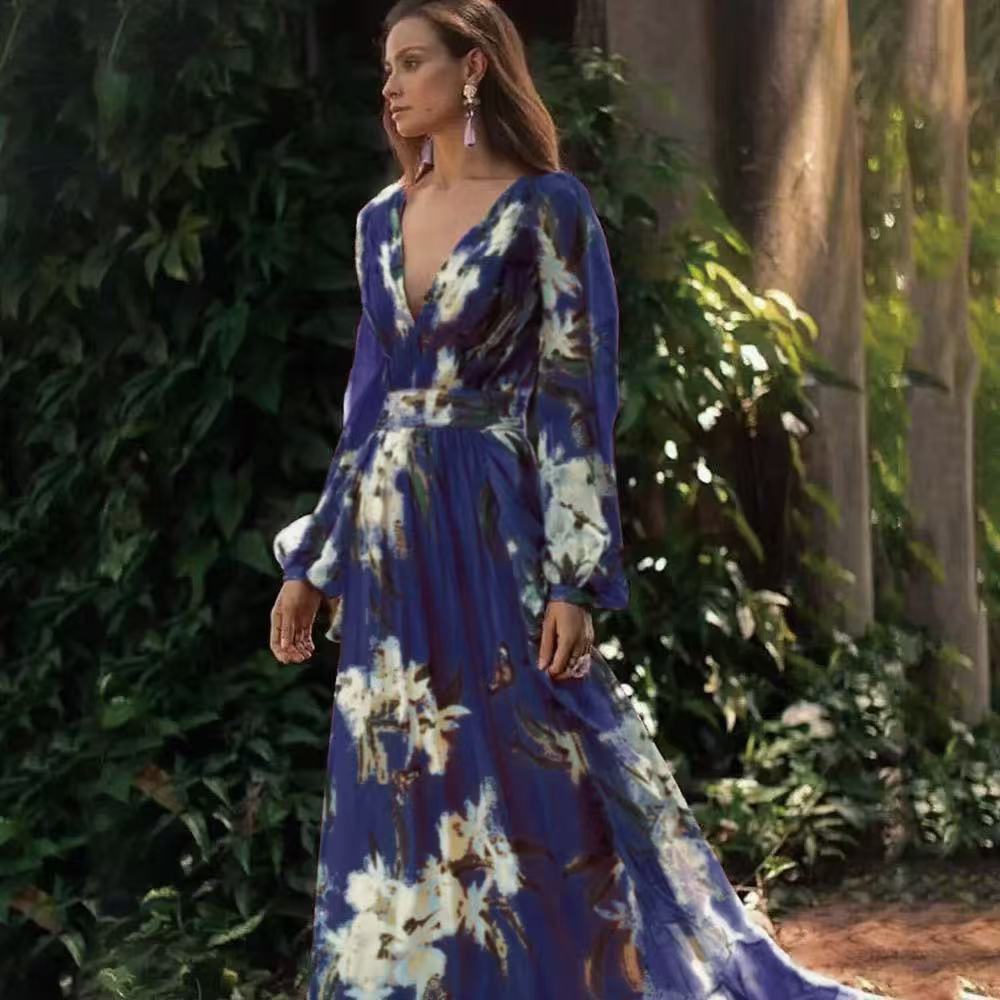 summer new arrival: women's printed dress for cross-border e-commerce, -ready v-neck long sleeve maxi dress