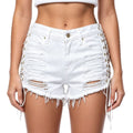 White ripped and frayed denim shorts with tie straps, high-waisted hot pants for women, summer style. spicy girl sexy distressed jeans