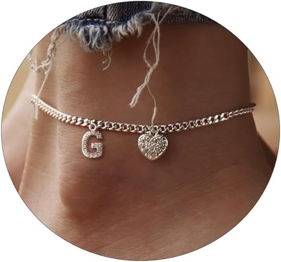 Amazon exquisite silver initial anklet - minimalist personalized letter anklet with cz heart cuban chain