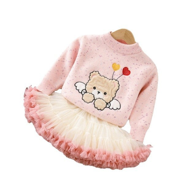 Girlsweatercutebear bottomall-in-one velvetthickened princess skirttwo-piece set tutu skirtfall and winternew arrivalsuit