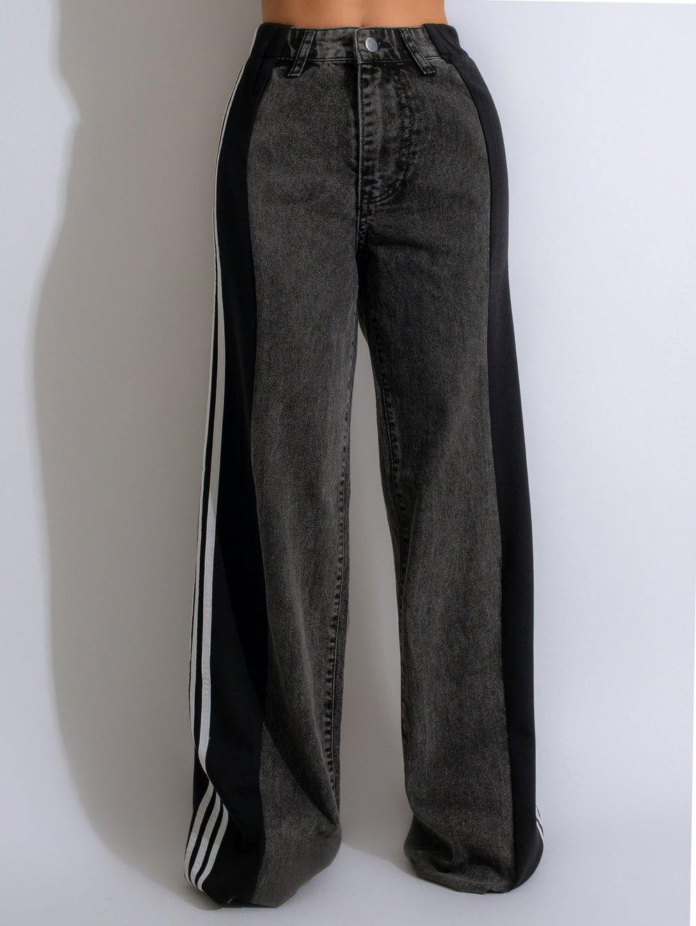 new european and american style fashion denim patchwork three-stripe wide-leg jeans casual stretch straight-leg trousers