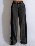 summer fashion patchwork three-stripe wide-leg denim pants - new women's casual high-waisted stretch straight-leg trousers