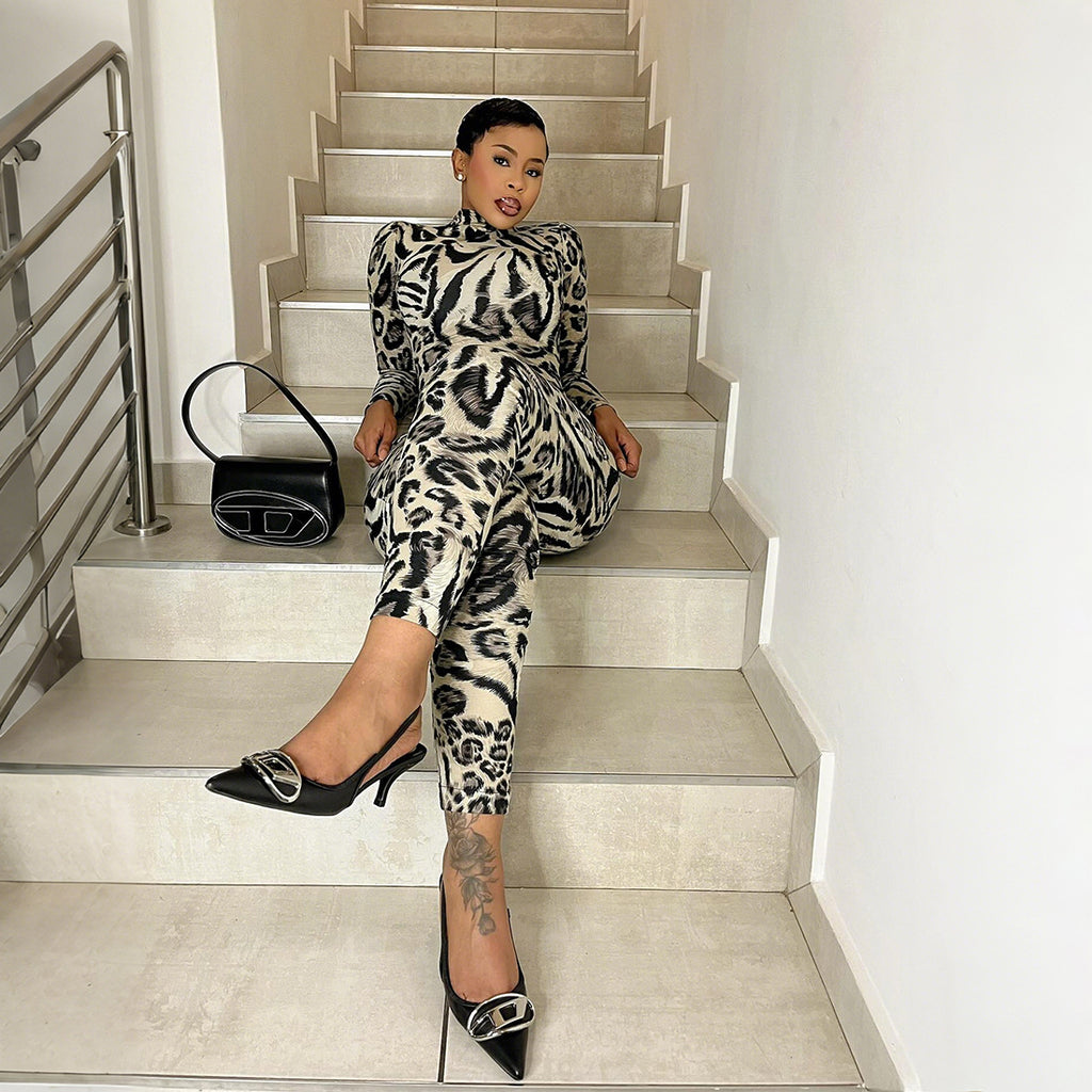 Europe and the United States  2025 autumn new women's fashion leopard print semi-turtleneck sexy tight Spice girl jumpsuit