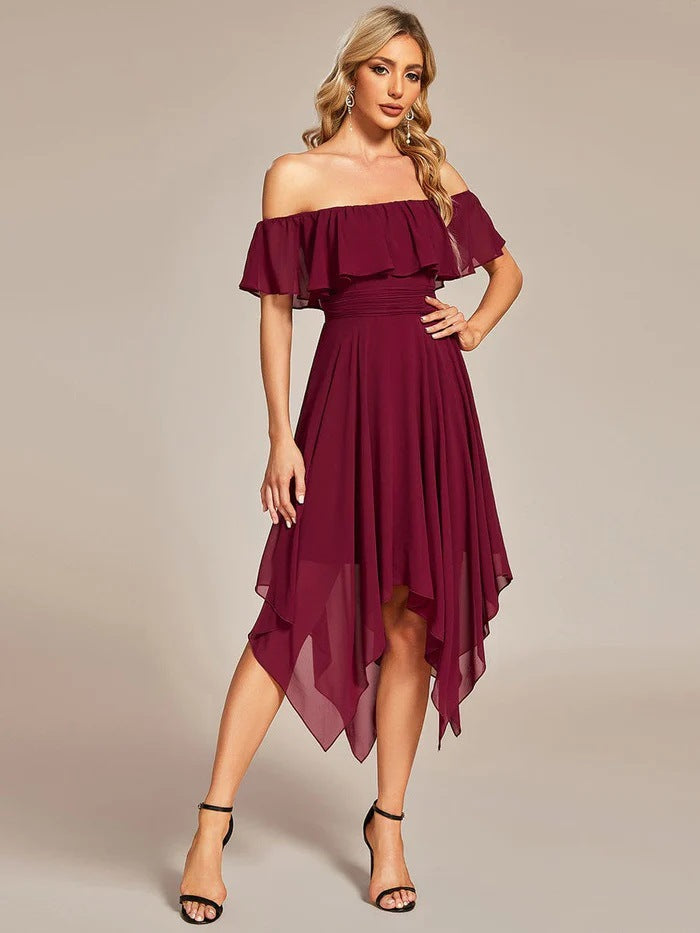new cross-border summer fashion: european and american style  one-shoulder chiffon ruffle hem asymmetrical solid color dress