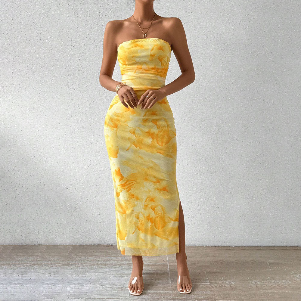 Custom-made cross-border women's tk mesh printed dress, new summer high-waisted slimming slit tube top bodycon dress