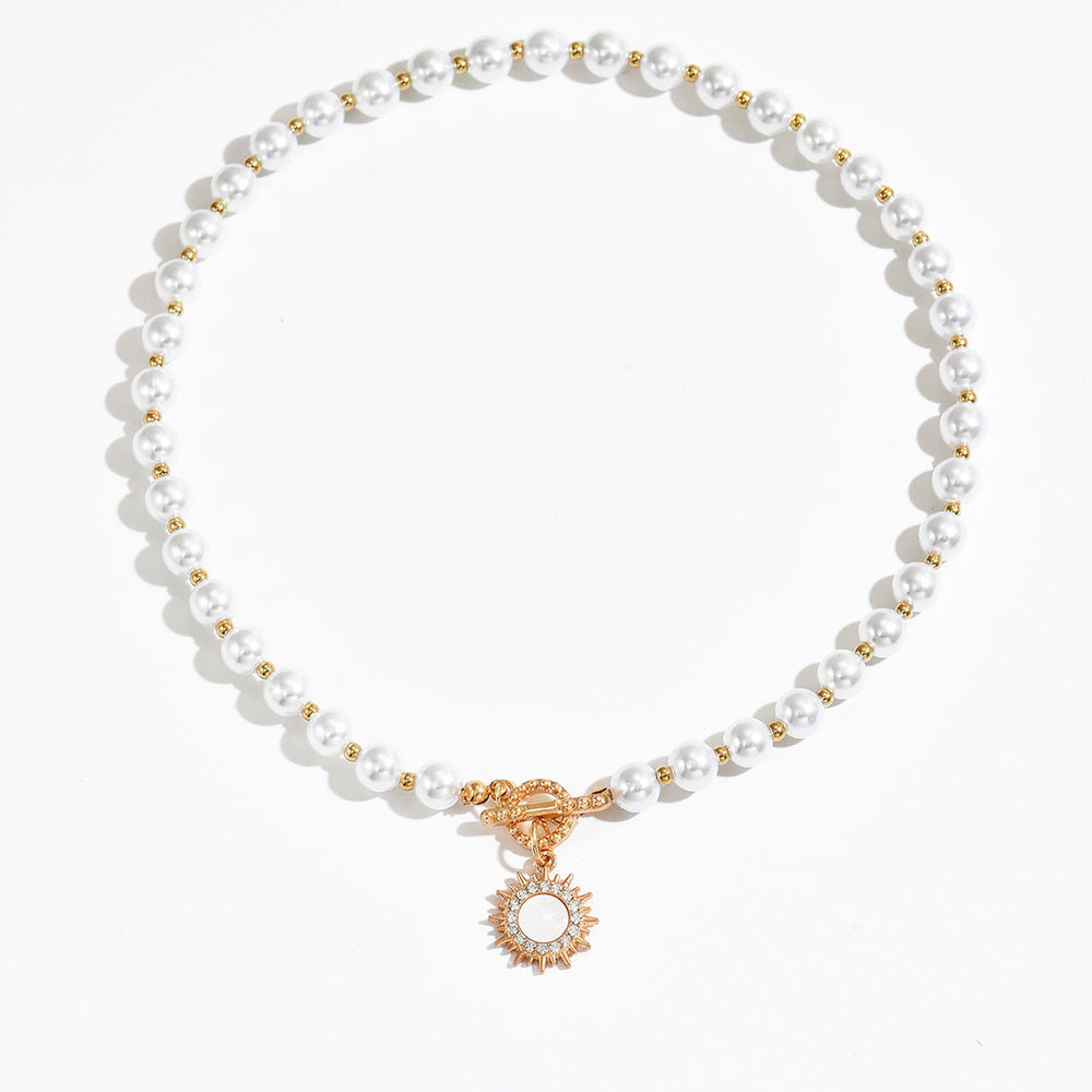 European and american cross-border light luxury retro faux pearl necklace, minimalist chic diamond-studded sun pendant earrings and bracelet set