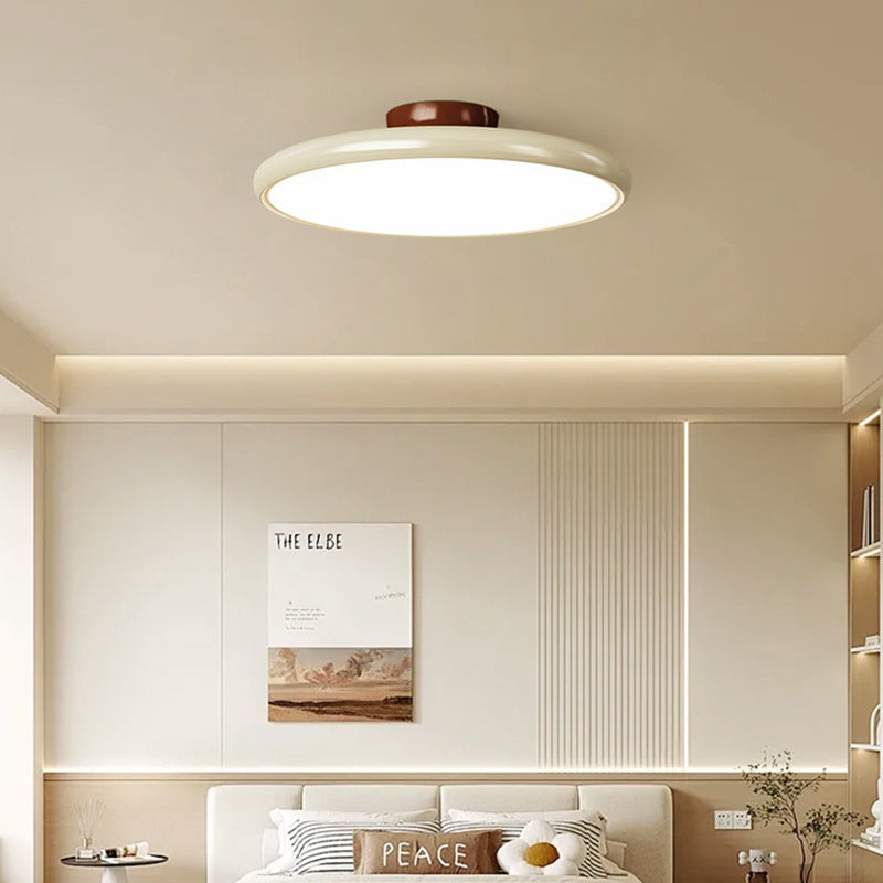 Raw wood style milky white double-layer round ceiling light with walnut wood base - ideal for condo apartments, b&bs, and kids' bedrooms