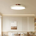 Raw wood style milky white double-layer round ceiling light with walnut wood base - ideal for condo apartments, b&bs, and kids' bedrooms