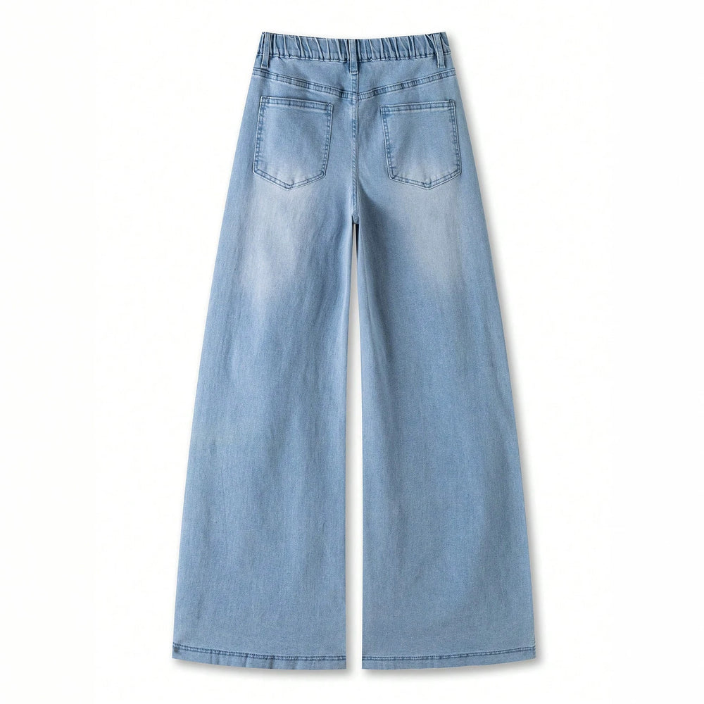 Fashion cross-border casual style drawstring waist wide-leg jeans women's light blue washed looseslimming lookdrapedmoppants
