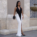 C7573 cross-border   fashion women's sexy v-neck sleeveless slit backless dress