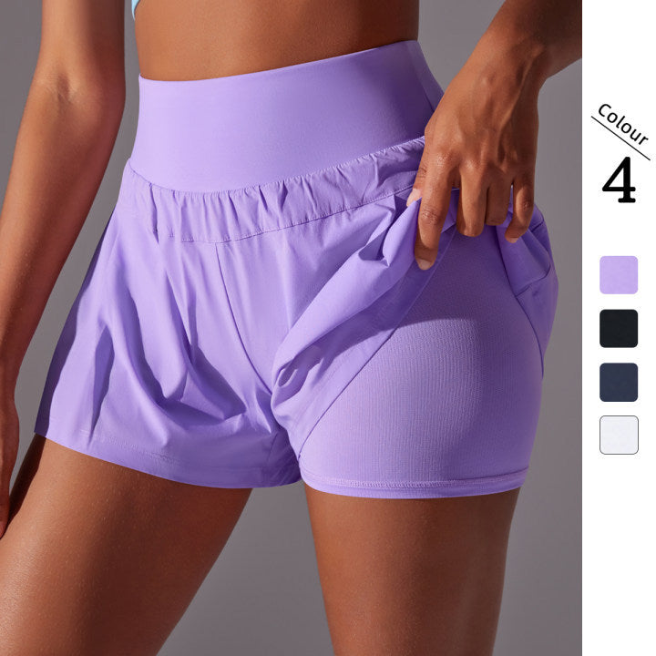 New women's solid color mesh double-layer breathable sports tennis yoga shorts for running and fitness