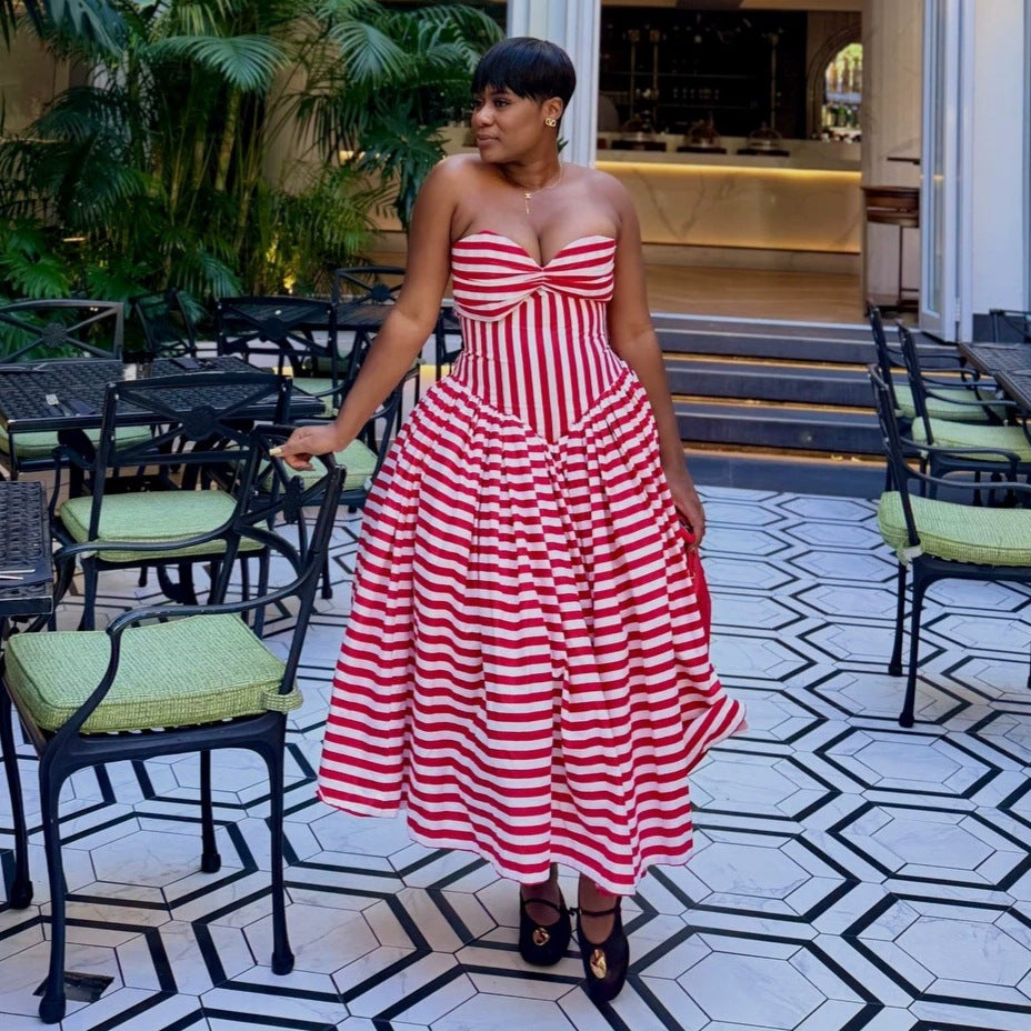 European and american cross-border women's fashion  summer new sexy elegant bandeau striped high-waisted midi dress
