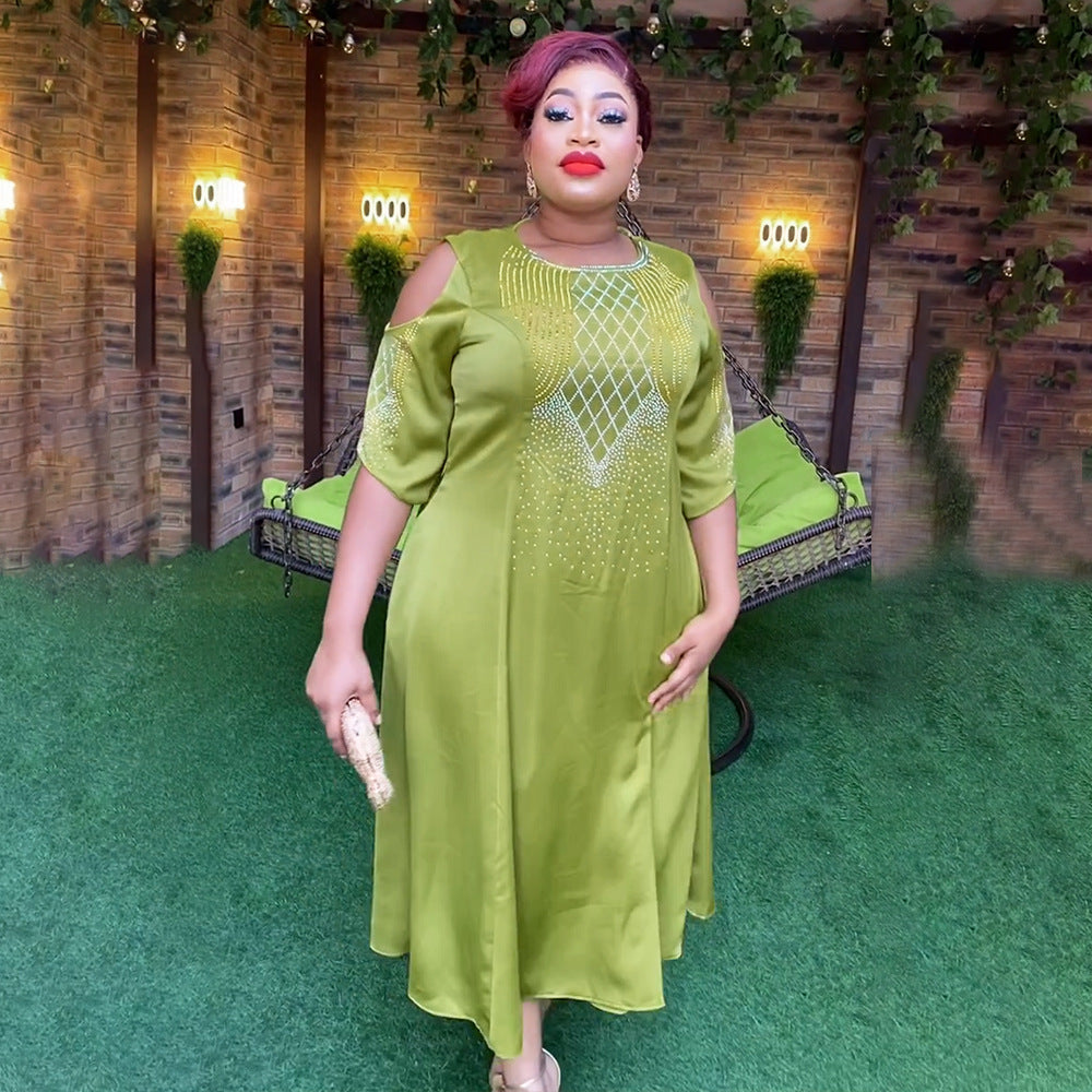 African women's plus size cross-border e-commerce spring/summer new arrivals  independent website off-shoulder five-sleeve rhinestone dress