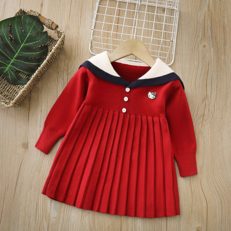 Girls' knit sweater dress - new autumn  collection: navy collar, longline style, preppy look