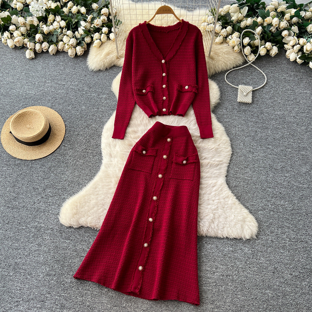 Xiaoxiangfengclassyfashionv neck metal button knittingcardigantops women's high waistslimming look skirt two-piece set