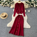 Xiaoxiangfengclassyfashionv neck metal button knittingcardigantops women's high waistslimming look skirt two-piece set
