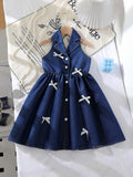 new cross-border european and american style girls' halter denim collar dress with denim bow detail