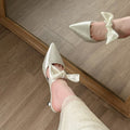 High heels for women 2025 spring and summer new arrivalfrench tweed style toe-cap half-pointed toe bowsoutwear slippers for women