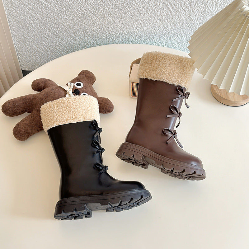 ins girls boots 2025 winter new Korean version velvet children's high boots sweet bow princess boots