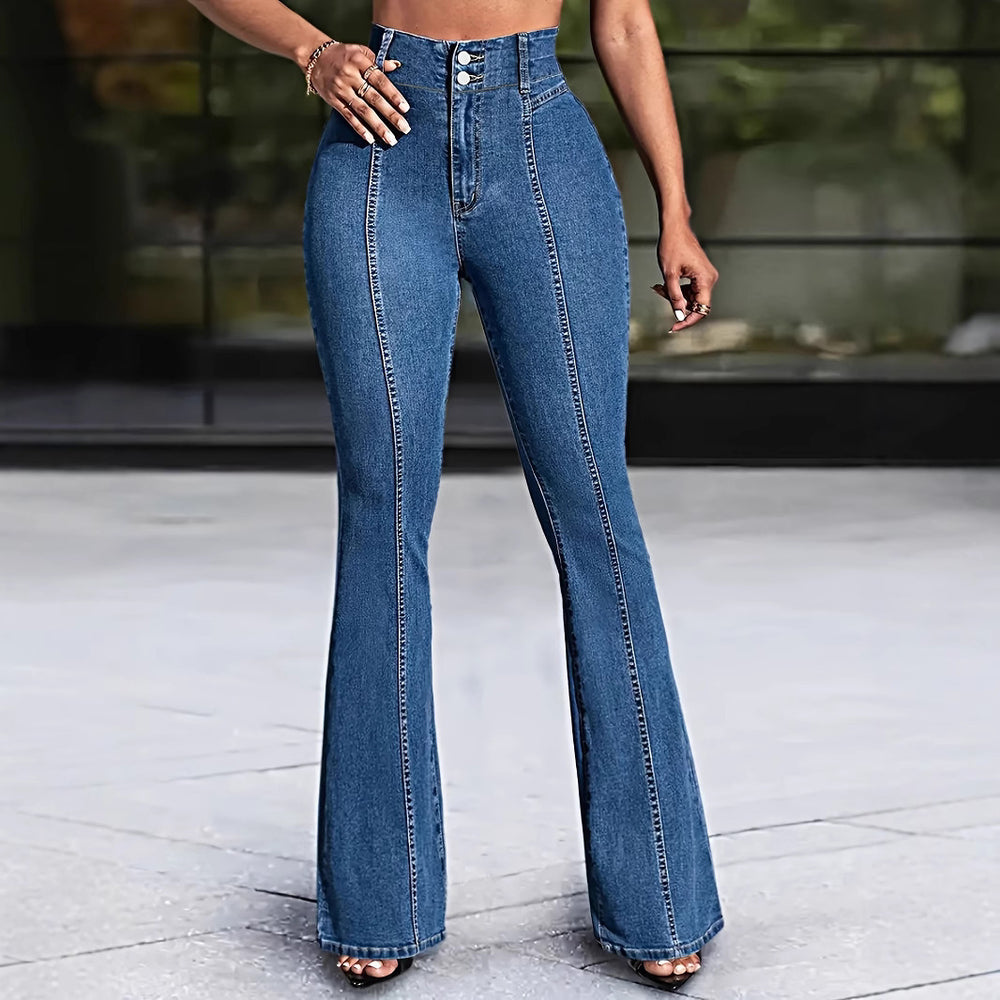 Fashionexport cross-border women's new arrivalspring & fall front and rear patchwork high-looking slimming look stretch mid-waist flared jeans