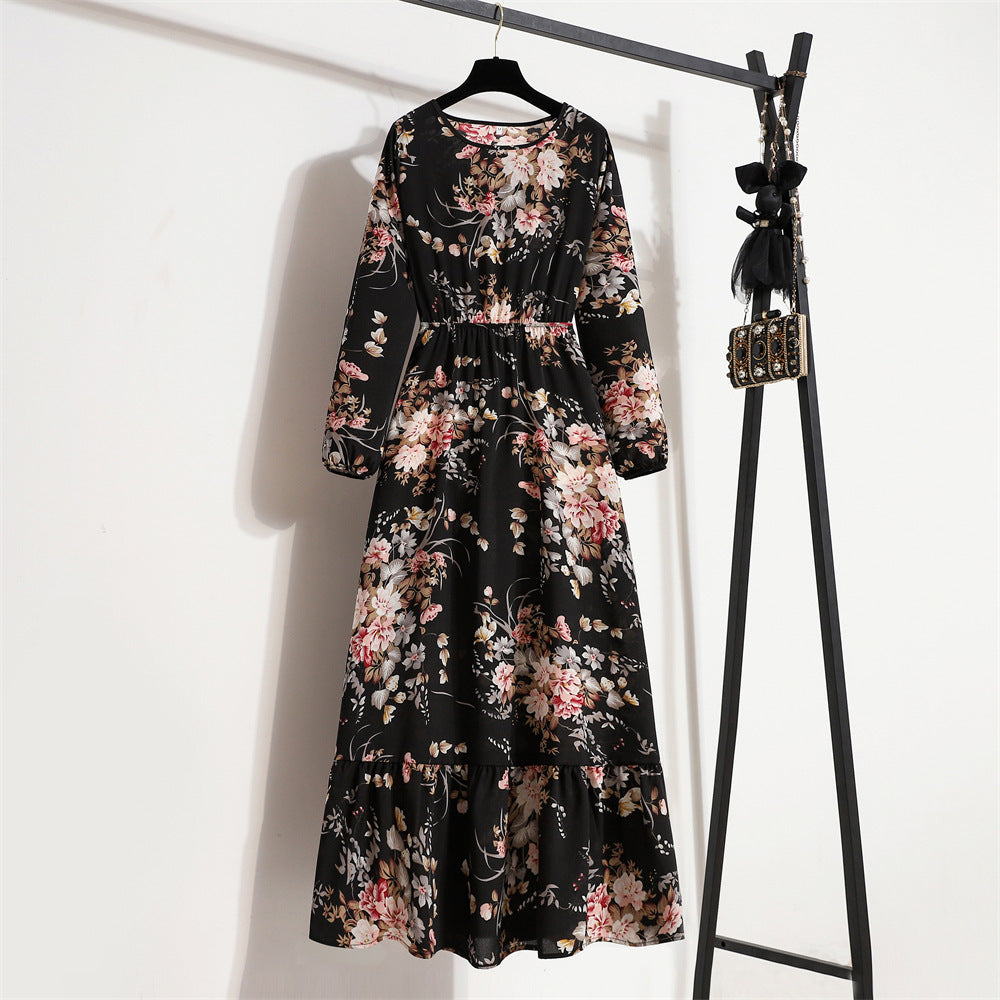 Shopee tk floral dress women's french round neck waist long light mature classysense slimming look cross-border early spring style