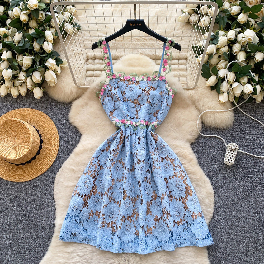 French romantic 3d rose lace cami dress - women's summer sexy slimming a-line dress