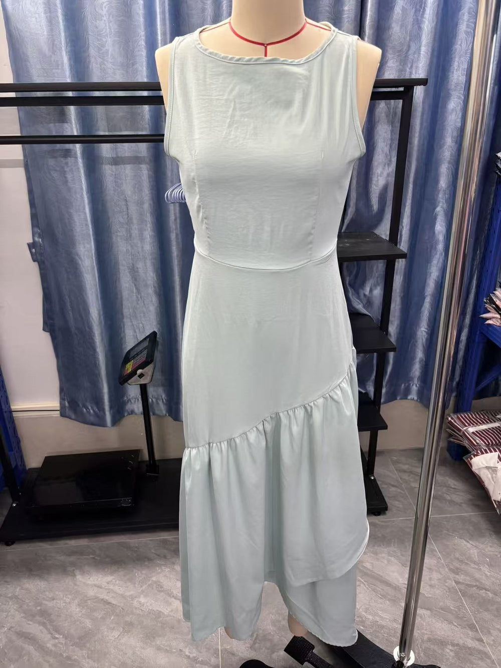fashion summer vacation style women's new silk mesh patchwork sleeveless straight neck waist longdress