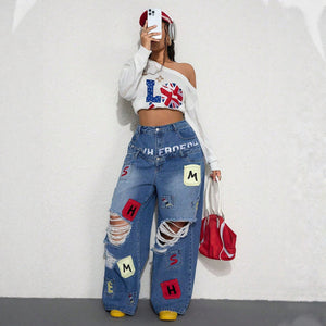 Fashion high street ripped jeans women's double waist letter patch loose pants hot girl floor pants loosestraight-leg