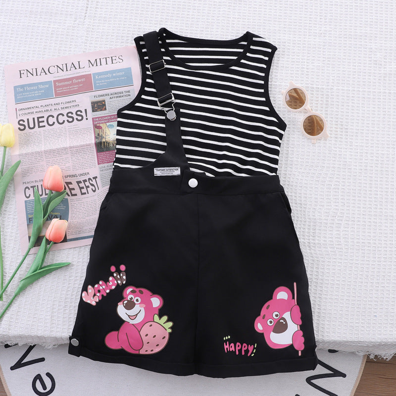 Girls' summer outfit: new striped tank top and shorts set with cartoon print - trendy european & american style, hot seller!