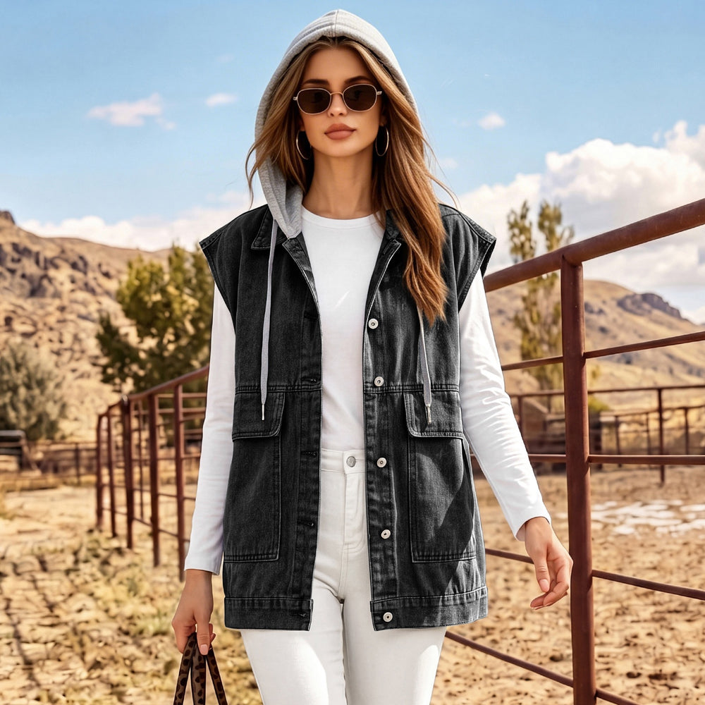 European and american cross-border foreign trade  lapel front button stereo large pocket waist casual layered denim waistcoat for women