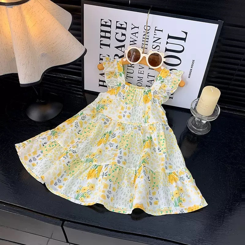 [family wear] children's cotton silk suspender dress sleeveless cake skirt summer thin flying sleeve western style floral skirt