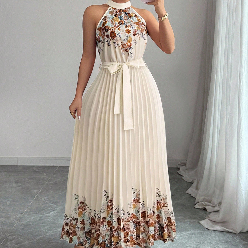 European and american cross-border women's summer  elegant halter neck tie waist floral print pleated maxi swing dress