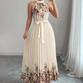 European and american cross-border women's summer  elegant halter neck tie waist floral print pleated maxi swing dress
