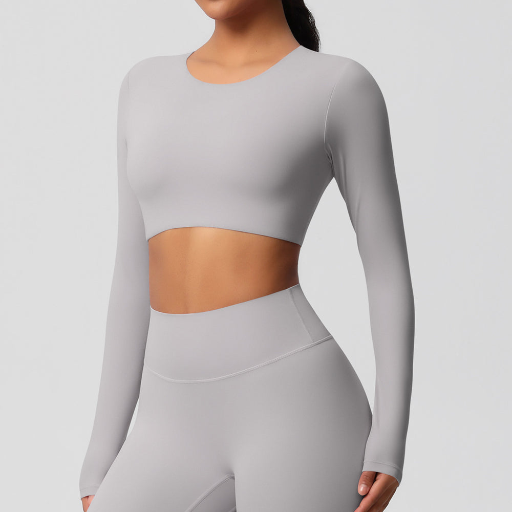 Ready-to-ship, cross-border, double-sided brushed, long-sleeved yoga top with built-in bra pads, suitable for pilates, running, and other workouts. women's