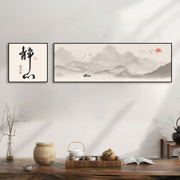 Zen ink and wash landscape painting combination hanging painting new Chinese style tea room tea shop mural tea house private room tea house decorative painting