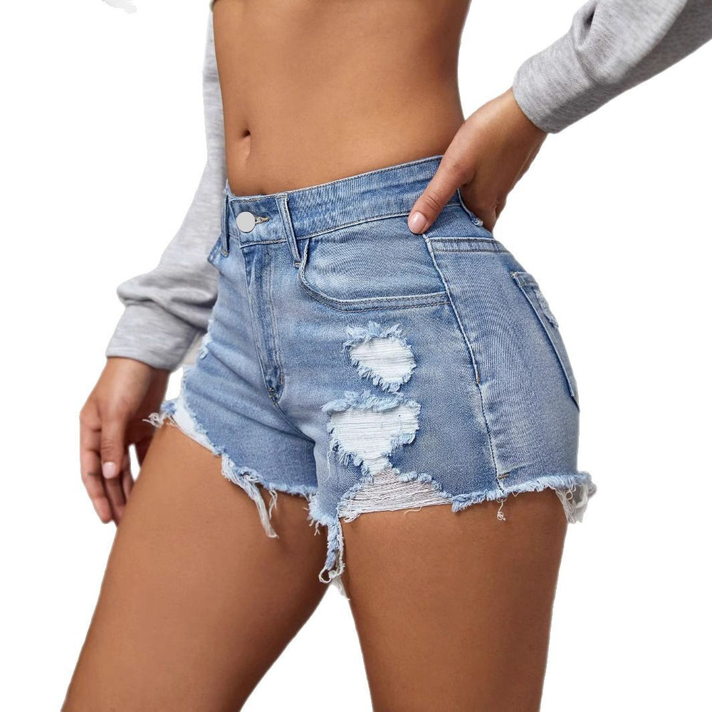 Xintang denim shorts for women new arrivaltrendy ripped raw edge three-quarter pants stretch worn washed jeans