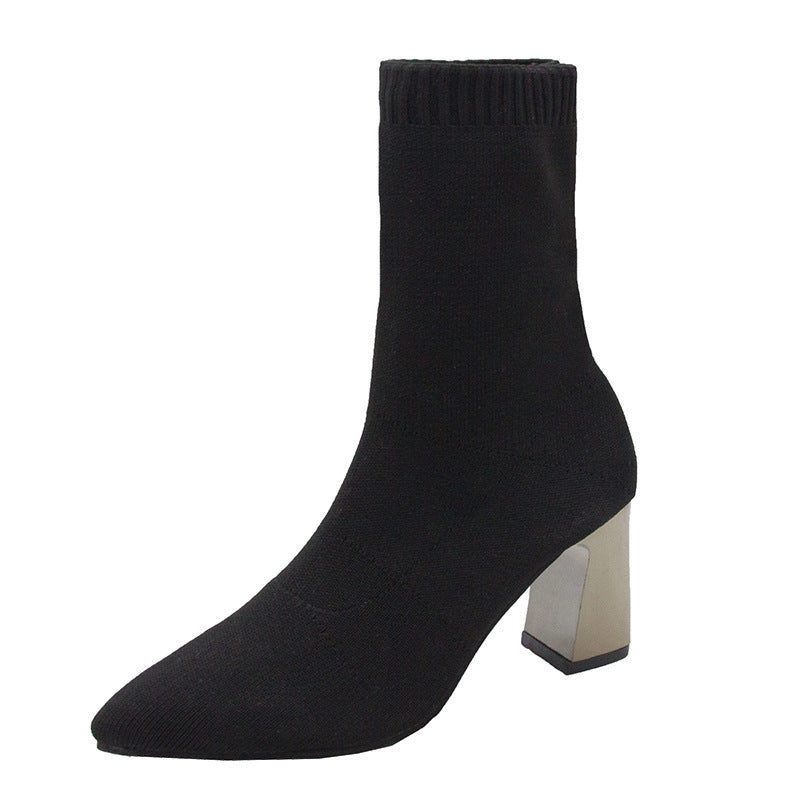 Women's black ankle boots - warm, comfortable, and stylish pointed-toe heels - casual chunky heel single shoes