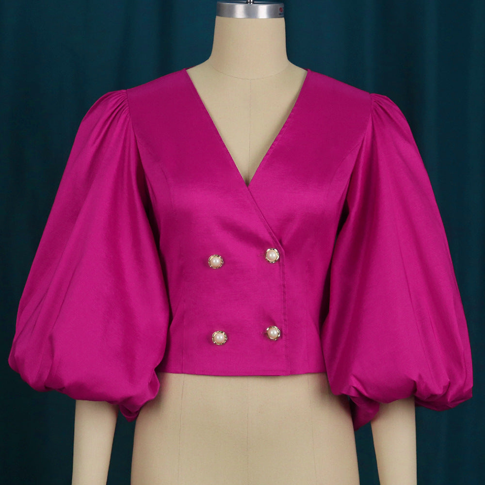 Am211114v neck lantern sleeve button cardigan silmshort party women's shirt tops
