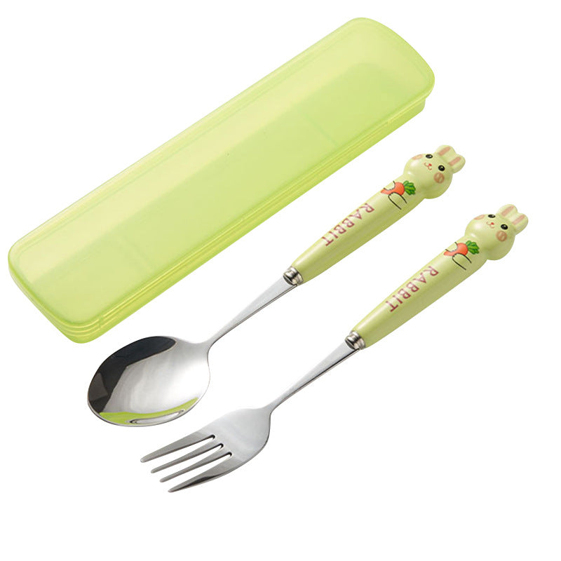Cartoon rabbit portable cutlery set - 3-piece stainless steel spoon and chopsticks with ceramic handle