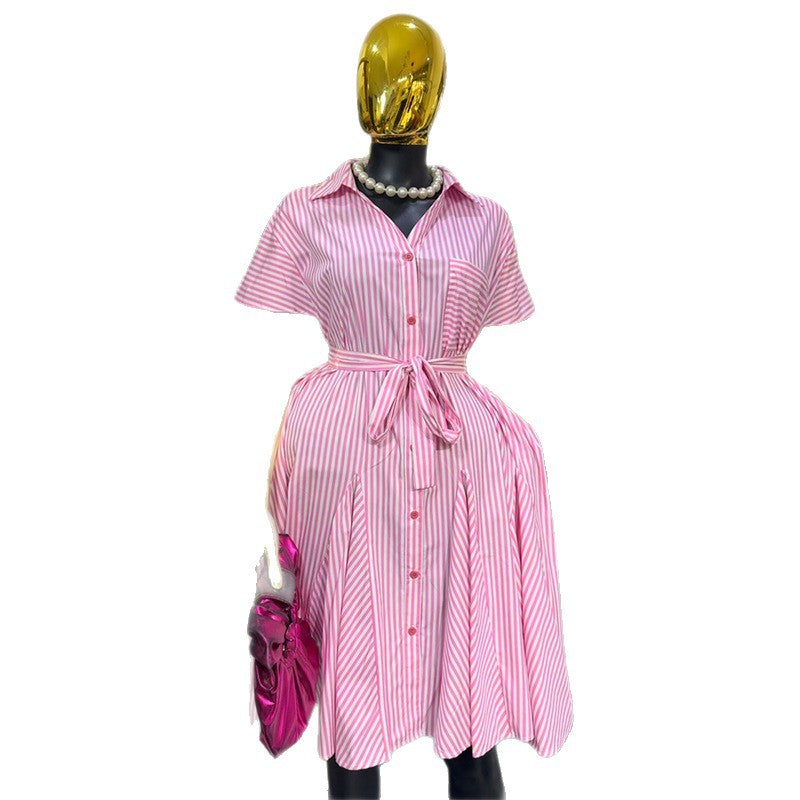 European and american women's clothing  autumn new sweet and fresh striped shirt collar single-breasted short sleeve tie-waist dress