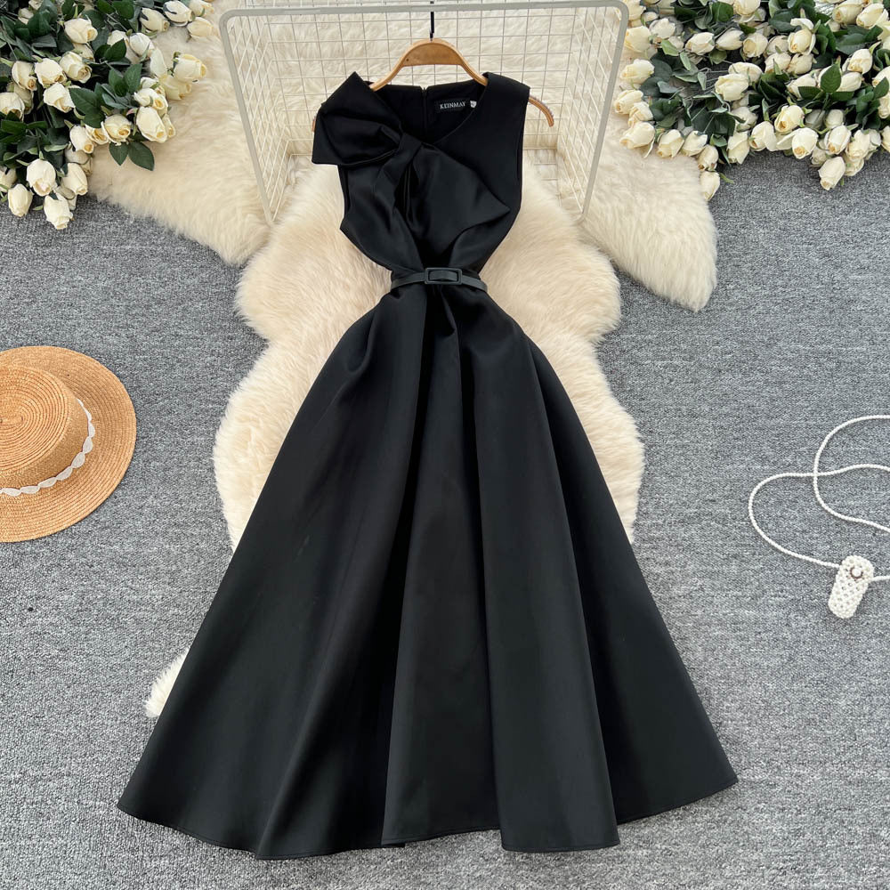 High-end women's french style formal dress - elegant, sleeveless, v-neck, cinched waist, slimming, and flattering a-line maxi dress with 3d bow detail